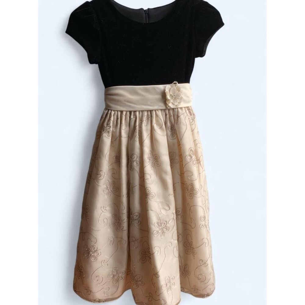 Cinderella Fit & Flare Dress Girls 8 Black/Ivory Velvet Floral Bow Zip